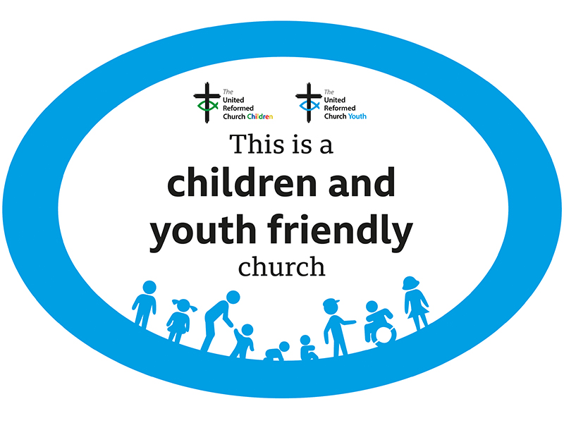 An oval image with the text 'This is a children and youth friendly church' with people at the bottom of the image filled in blue. The URC West midlands logos are included at the top of the oval image. 