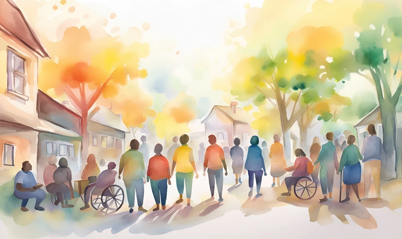 A line of people with different abilities with their backs turned away, standing in a line. 