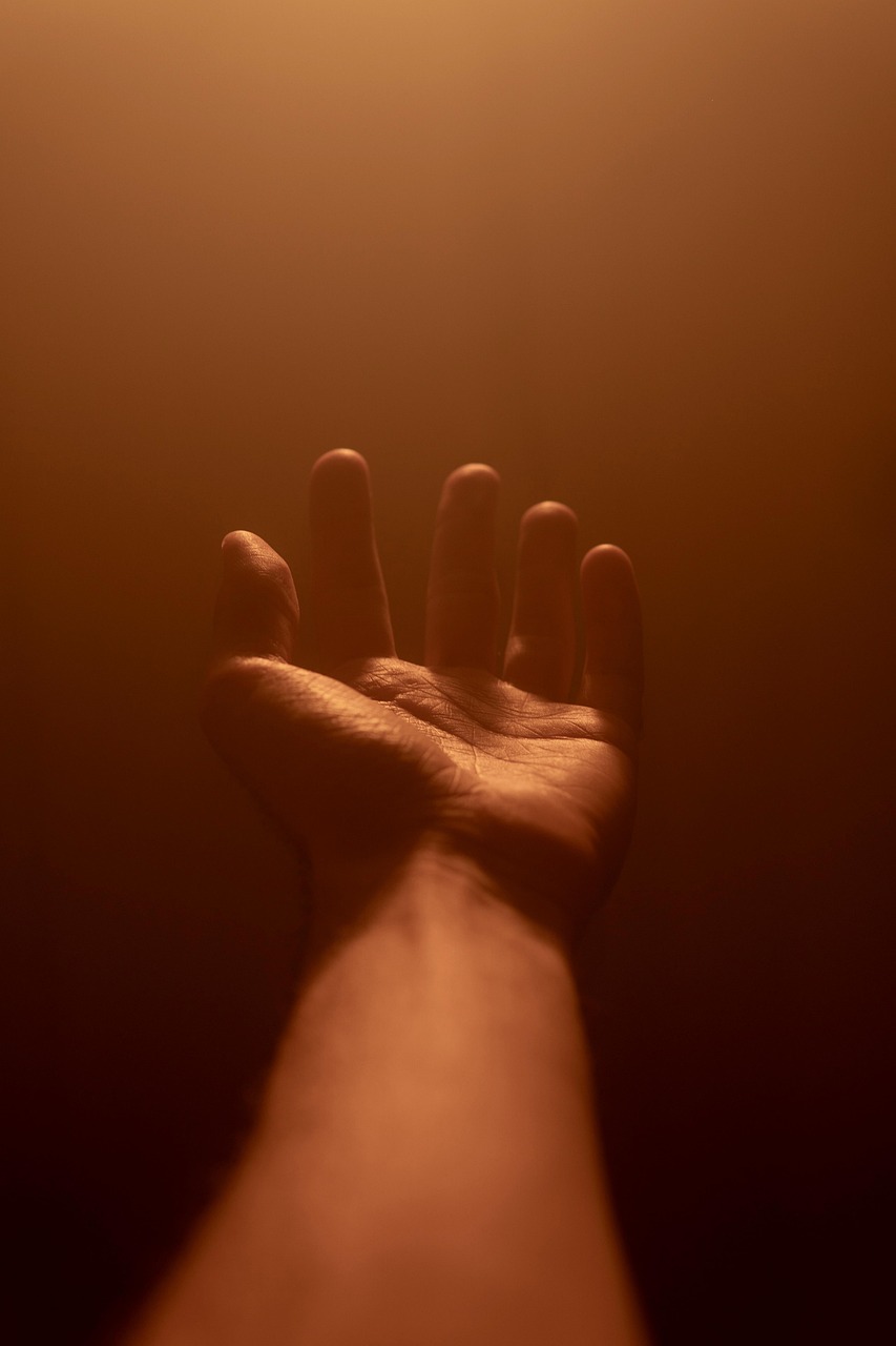 A hand outstretched towards a light.