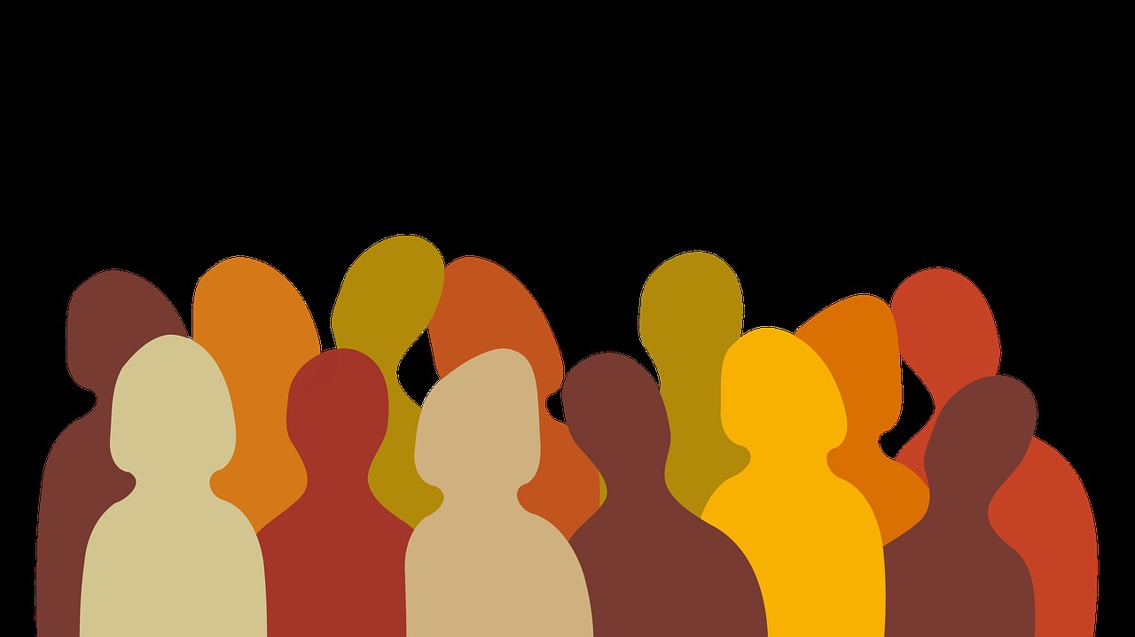 A picture of a group of people outlined and filled with different block colours. 