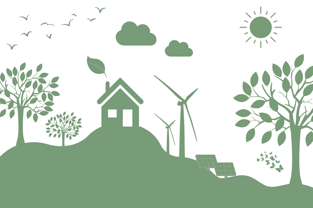 Green silhouettes of nature, wind turbines and solar panels depicting an energy efficient scene that is eco friendly