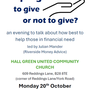 Picture of hand outstretched underneath the title "Helping Others - to give or not to give."