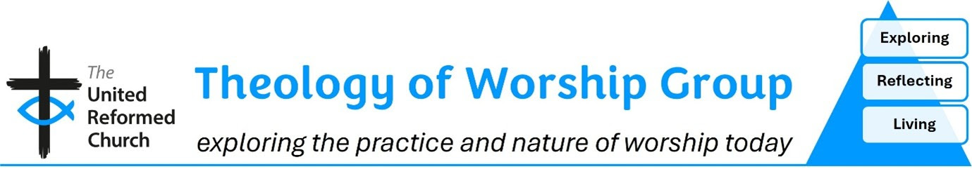 Theology of worship group title with the URC West Midlands logo to the left with three points of "exploring, reflecting and living" in a triangle.