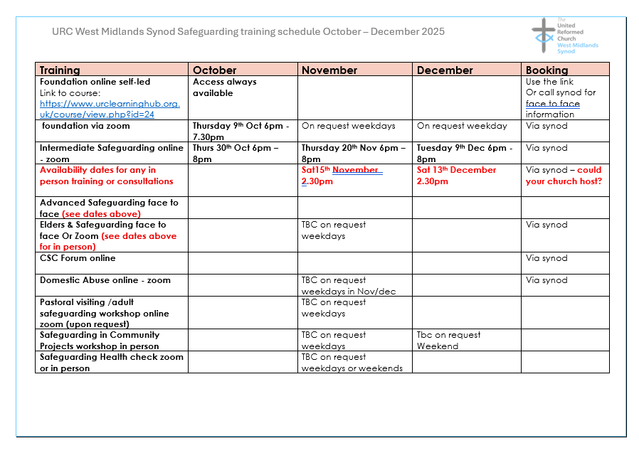 Safeguarding training schedule October-December 2025