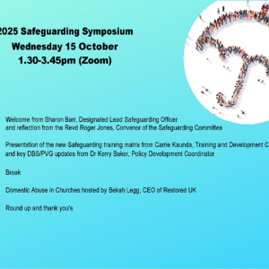 A flyer detailing dates, times and topics for the Safeguarding Symposium. An image is included of a group of people stood to form the outline of an umbrella.
