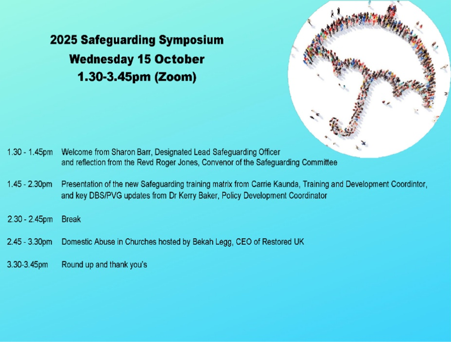 A flyer detailing dates, times and topics for the Safeguarding Symposium. An image is included of a group of people stood to form the outline of an umbrella.