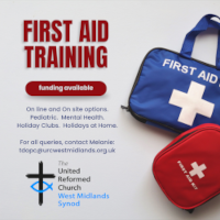 "Promotional poster for First Aid Training by the United Reformed Church West Midlands Synod. The poster features a red and a blue first aid kit with white crosses. Text highlights that funding is available, and training covers pediatric care, mental health, holiday clubs, and holidays at home. Online and onsite options are offered. Contact email provided: tdopc@urcwestmidlands.org.uk ."