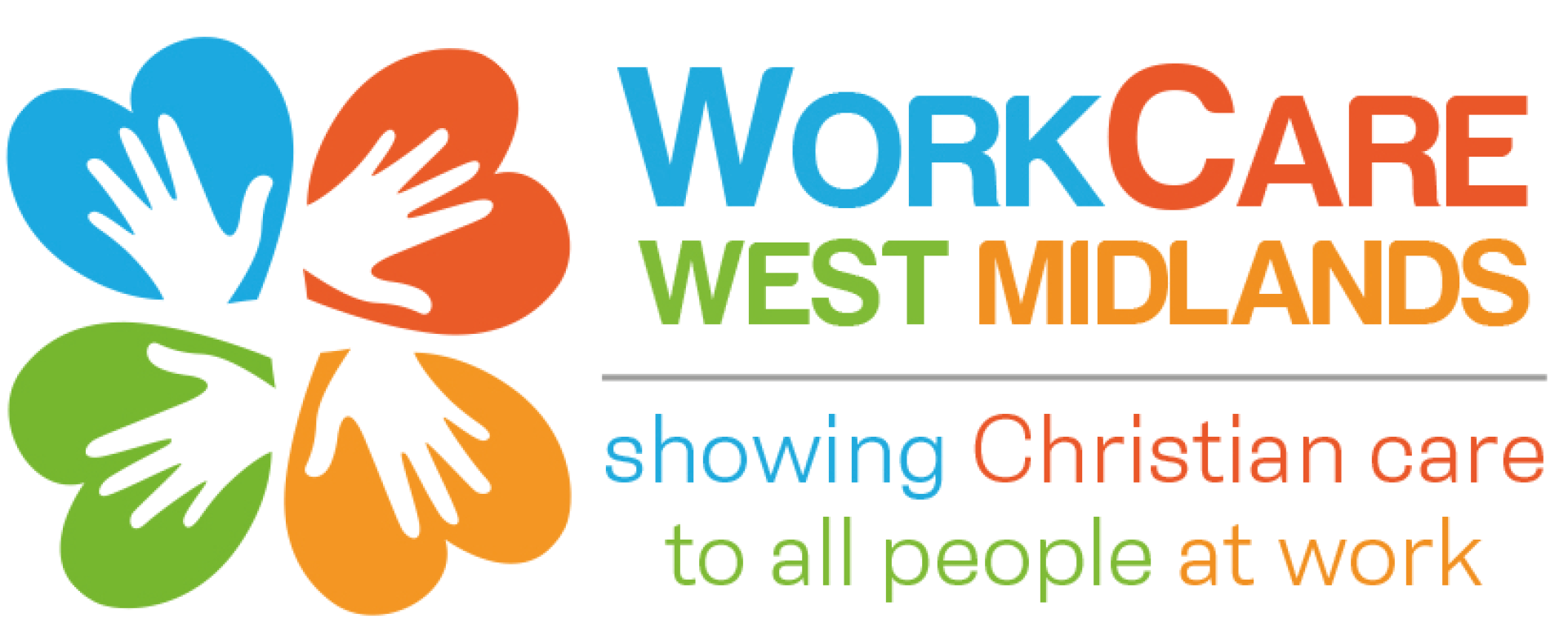Here’s an appropriate **alt text** description for your image: **Alt text:** "WorkCare West Midlands logo featuring four overlapping heart shapes in blue, orange, green, and yellow, each containing a white hand silhouette. The text reads: ‘WorkCare West Midlands – showing Christian care to all people at work.’"